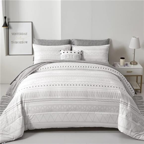 Boho Comforter Set King Size,7 Pieces Grey White Geometric Bohemian Bed in a Bag - Picture 1 of 7